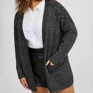 Torrid Charcoal Heather Gray Studded Vegan Cashmere Boyfriend V Neck Cardigan